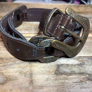Classic Brown Leather Belt with Ornate Brass Buckle